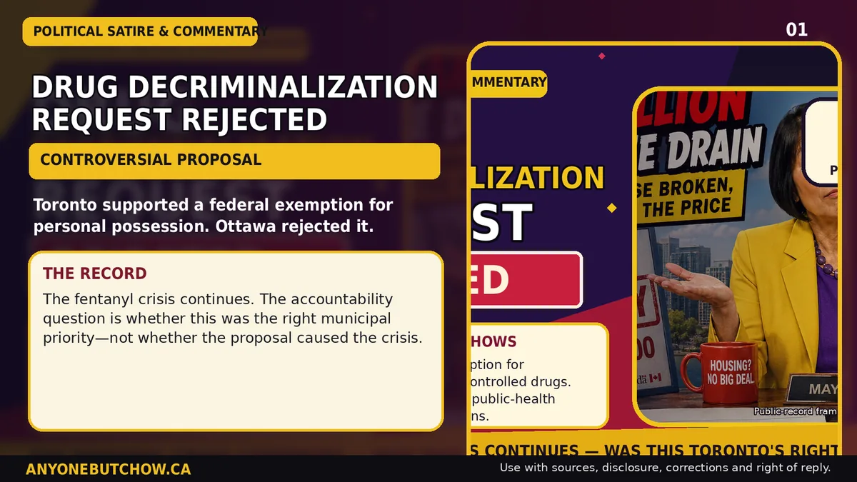 Political parody illustration for Ottawa rejected Toronto’s drug-decriminalization request
